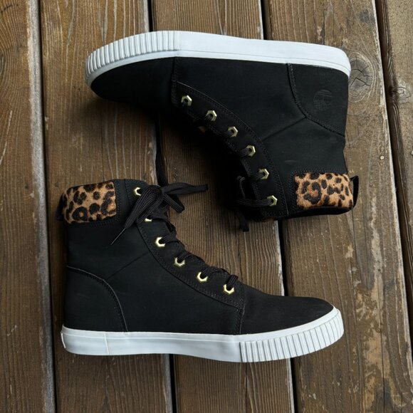 Timberland Skyla Bay 6 Inch Boot Black Leather Cheetah Calfskin Women's Size 10 - Picture 4 of 12